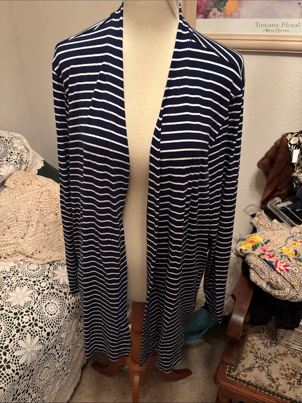 Lands' End Navy and White Striped Open-Front Cardigan